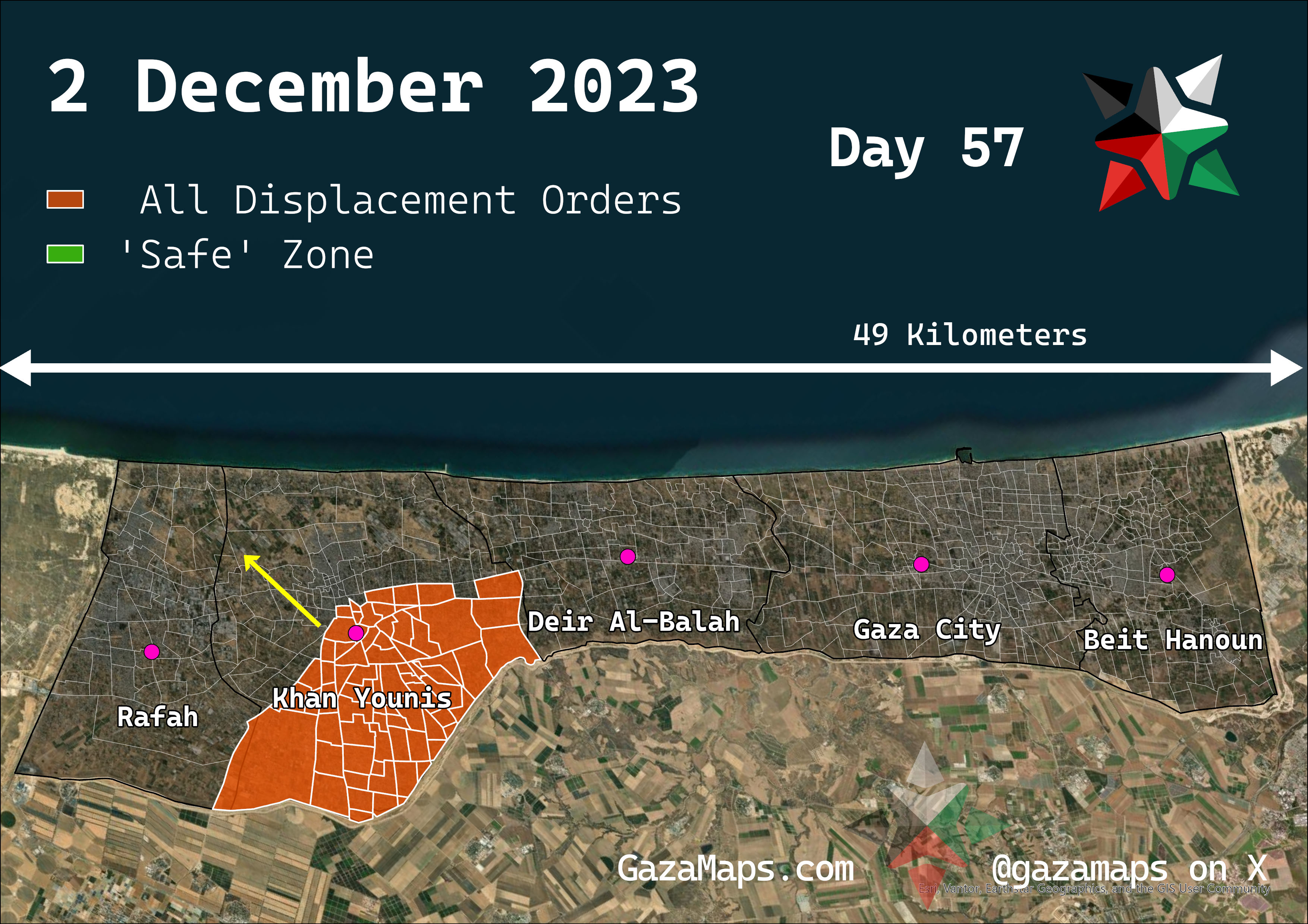 GazaMaps original map, based on IDF displacement order from 2 Dec 2023