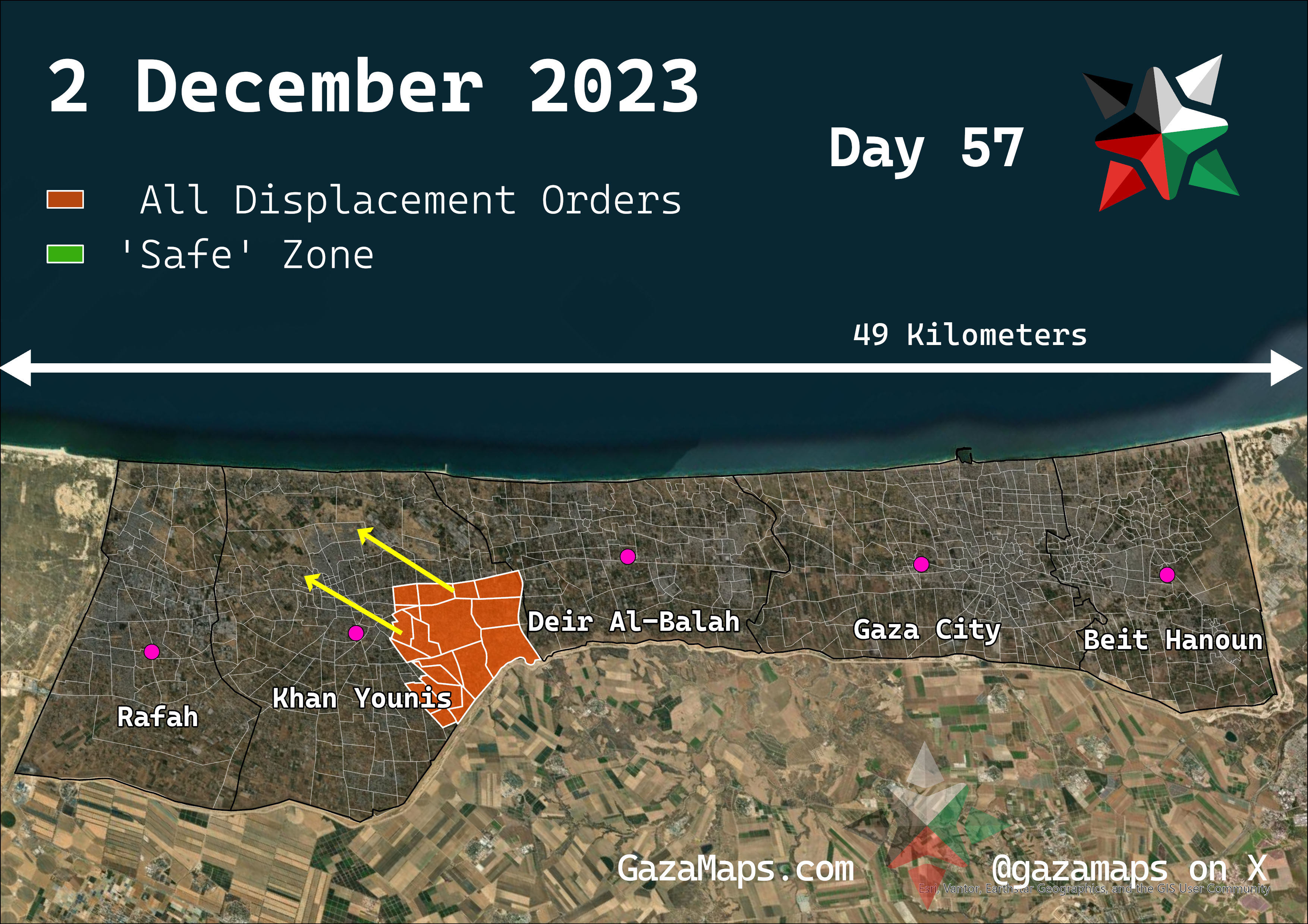 GazaMaps original map, based on IDF displacement order from 2 Dec 2023