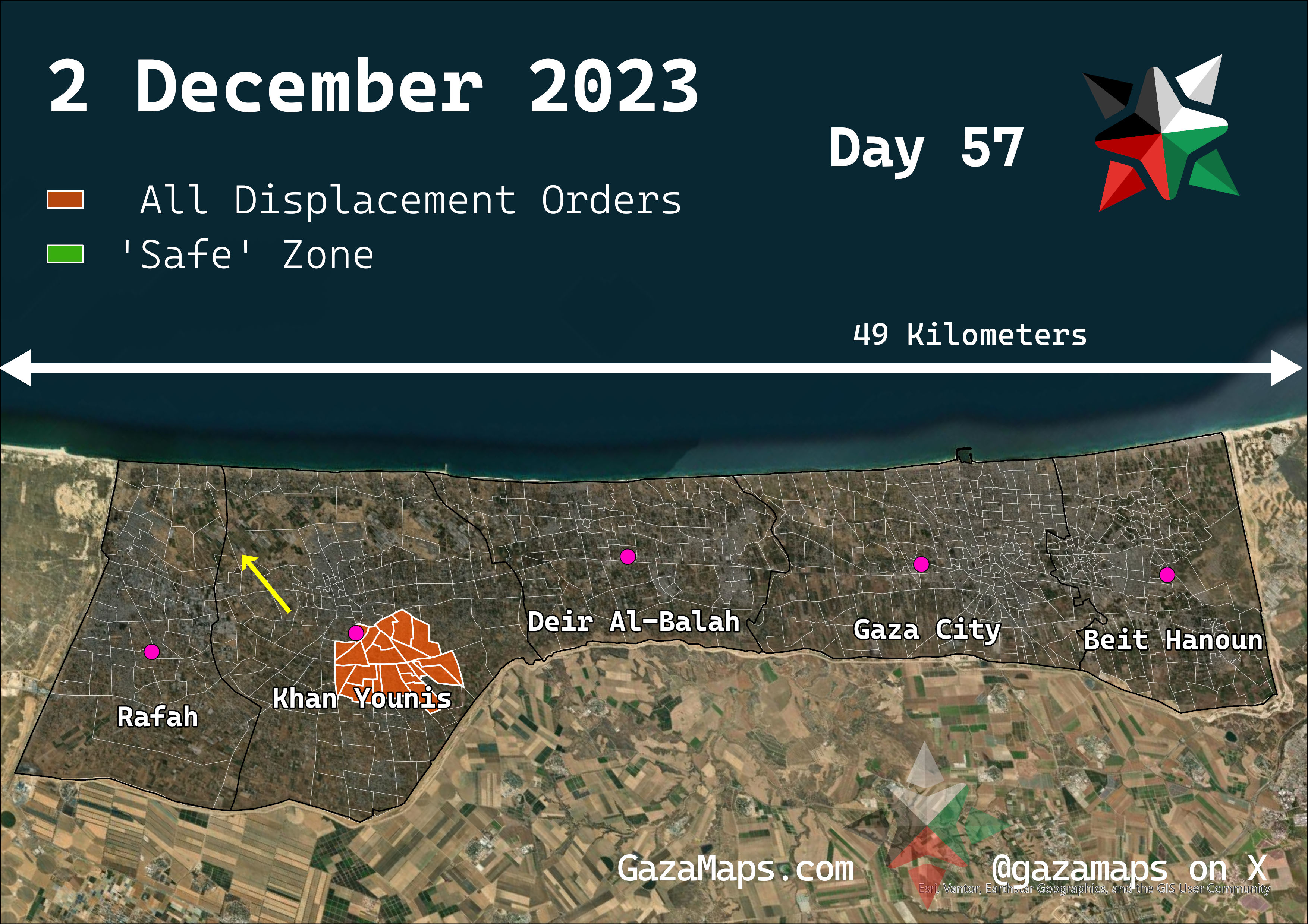 GazaMaps original map, based on IDF displacement order from 2 Dec 2023