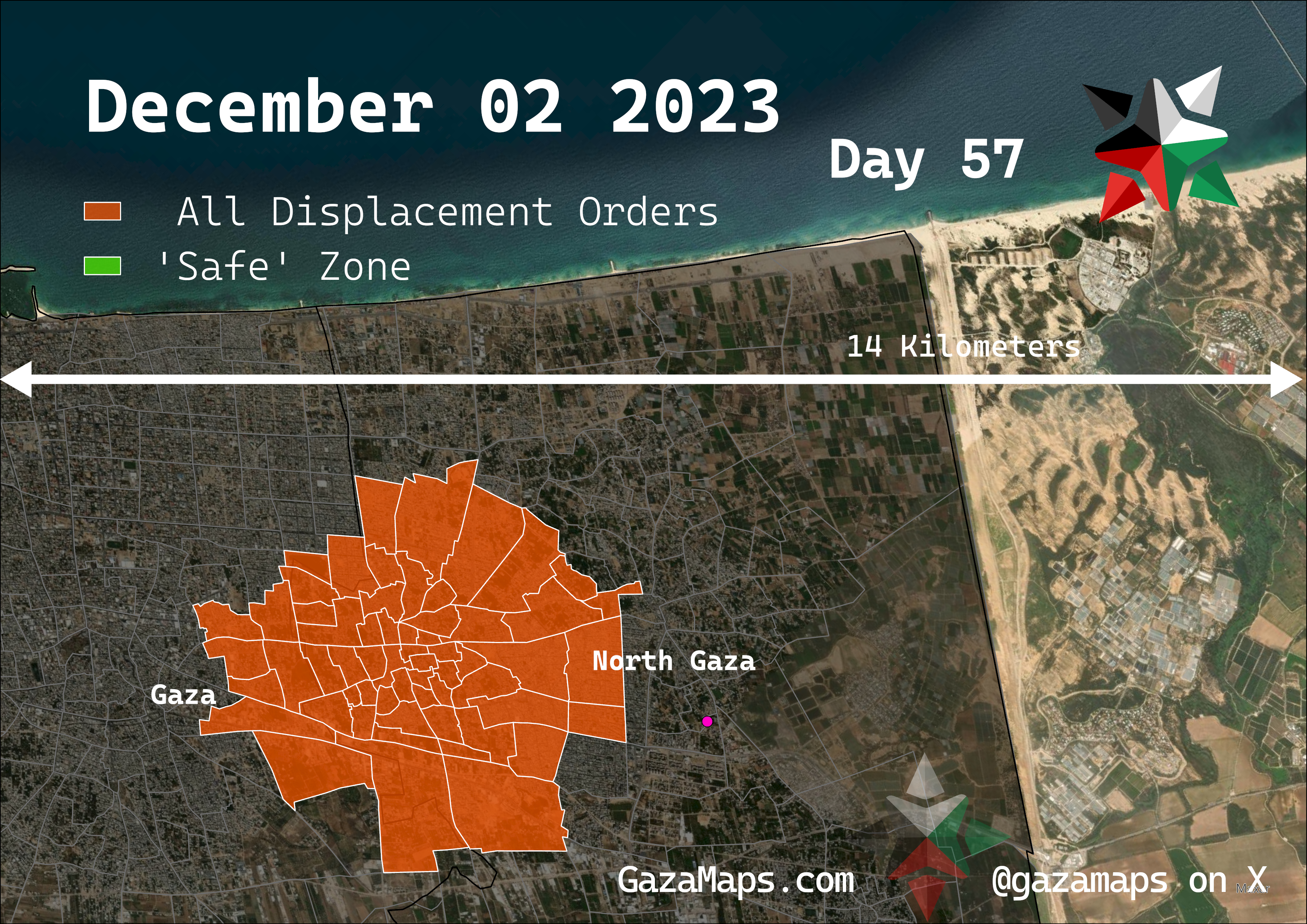GazaMaps original map, based on IDF displacement order from 02 December 2023