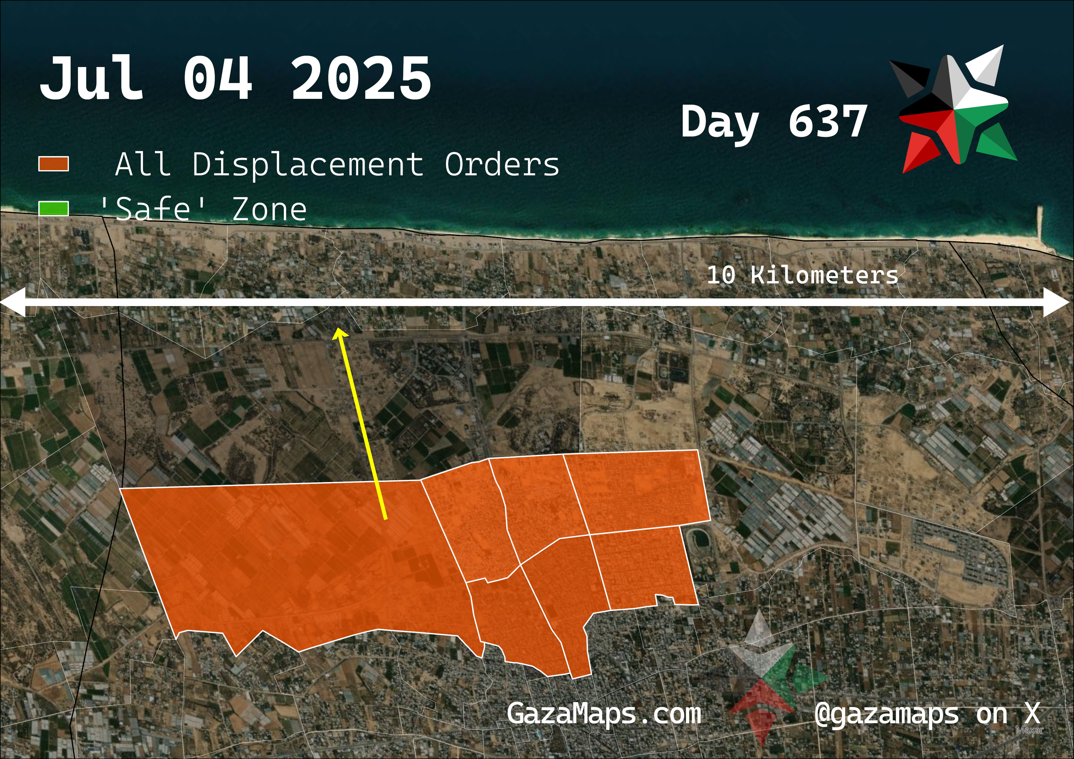 GazaMaps original map, based on IDF displacement order from 04 July 2025